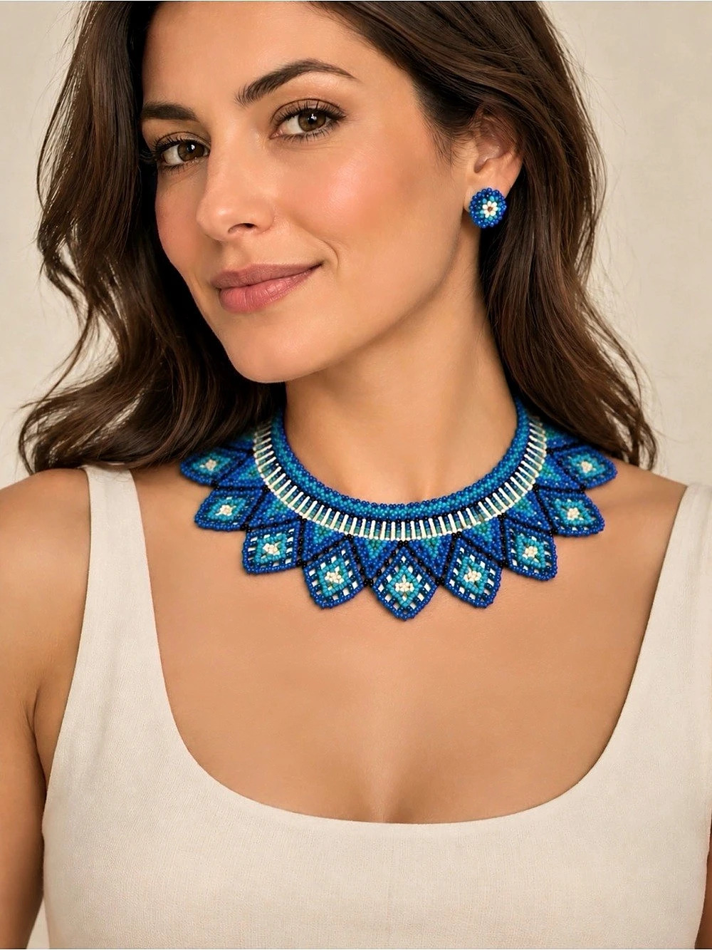 Handmade Blue Beaded Statement Collar Necklace & Earring Set